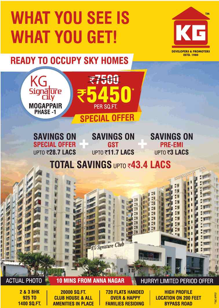 Reside in ready to occupy sky homes at KG Signature City I in Chennai